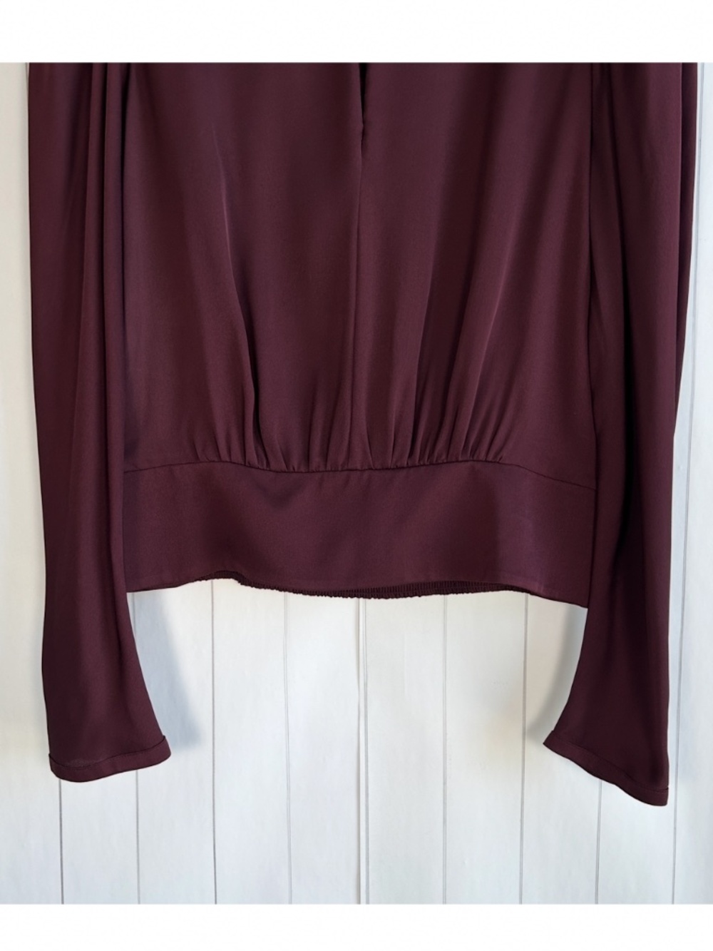 Frame size L long sleeve keyhole blouse 100% silk burgundy smocked high neck - Picture 3 of 12